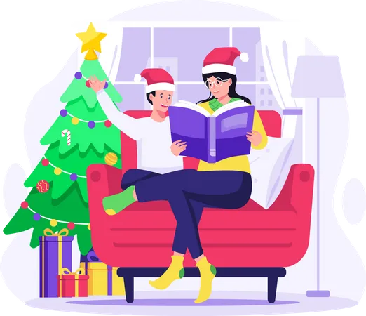 Mãe lendo um livro de fadas para o filho e sentada no sofá perto da árvore de Natal  Ilustração