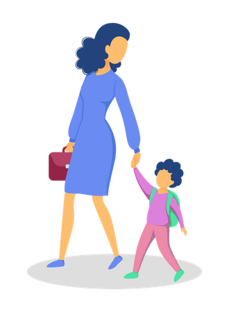 Mãe leva filho para a escola  Ilustração