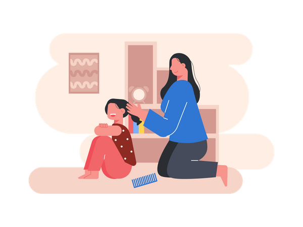 Mãe passando óleo no cabelo da filha  Ilustração