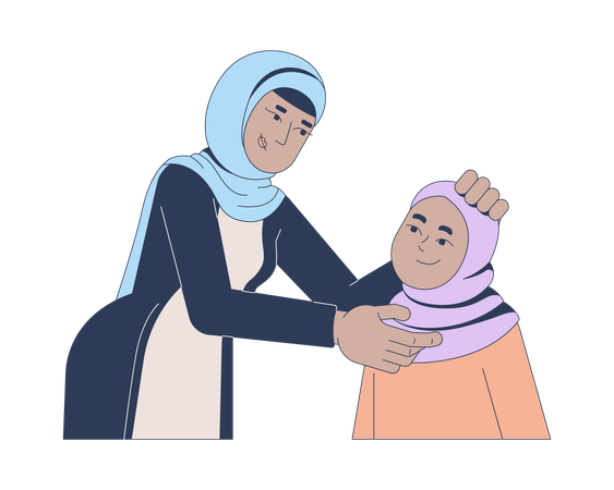Mãe muçulmana ajustando delicadamente o hijab da filha  Ilustração