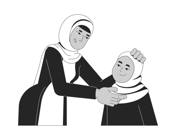 Mãe muçulmana ajustando delicadamente o hijab da filha  Ilustração