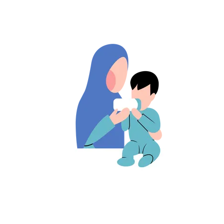 Mãe muçulmana alimentando bebê com leite usando garrafa de leite  Ilustração