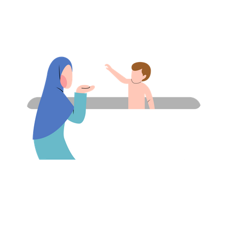 Mãe muçulmana dá banho em criança  Ilustração