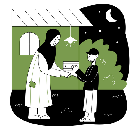 Mãe muçulmana dando comida para criança  Ilustração