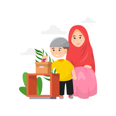Mãe muçulmana e filho dando zakat  Ilustração
