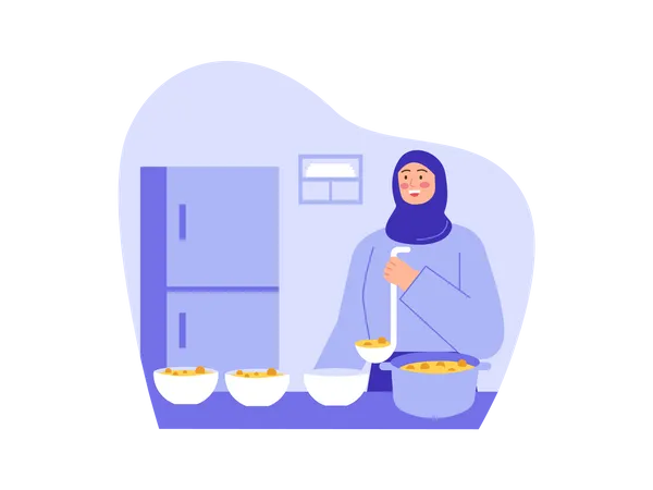 Mãe muçulmana servindo comida em tigelas  Ilustração
