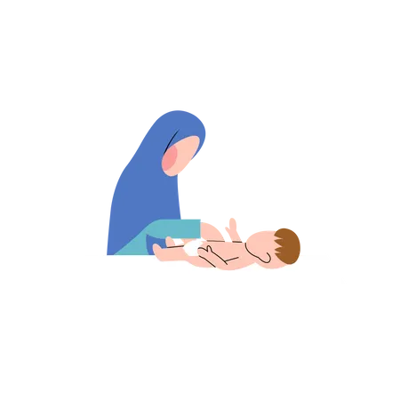 Mãe muçulmana trocando fralda  Ilustração
