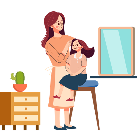 Mãe penteando o cabelo da filha  Ilustração