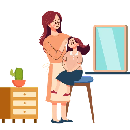 Mãe penteando o cabelo da filha  Ilustração