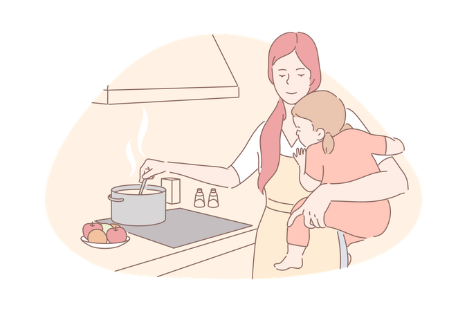 Mãe segurando a menina enquanto cozinha na cozinha  Ilustração