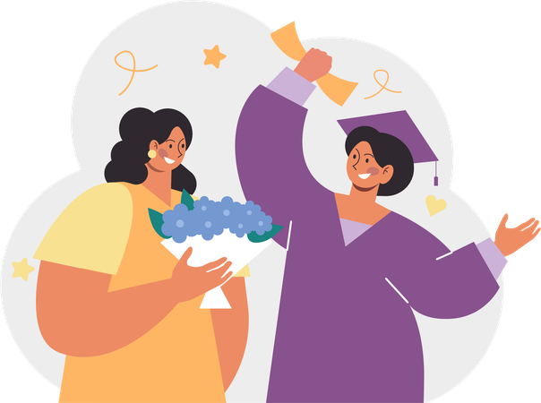 Mãe segurando buquê de flores para sua graduanda  Ilustração