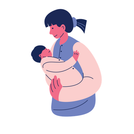 Mãe segurando criança doente no braço  Ilustração
