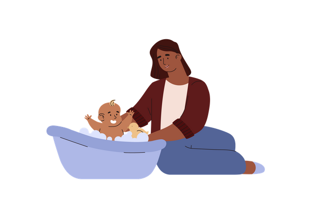 Mãe sorridente dá banho em bebê feliz na bacia  Ilustração