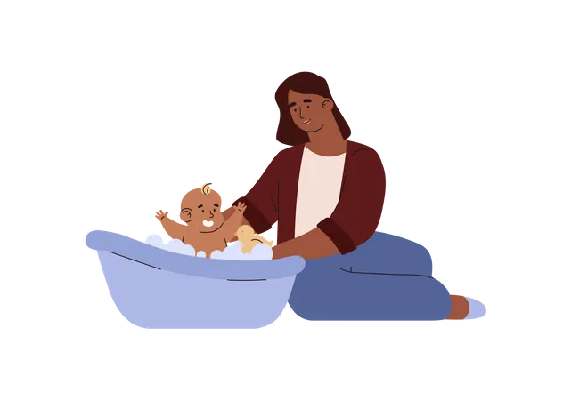 Mãe sorridente dá banho em bebê feliz na bacia  Ilustração