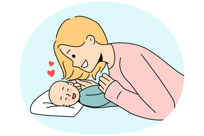 Mãe sorridente brincando com bebê recém-nascido  Ilustração