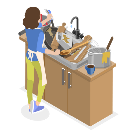 Mãe tentando limpar os utensílios sujos na cozinha  Ilustração