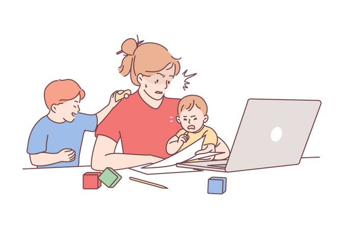 Mãe trabalhadora com filhos  Ilustração