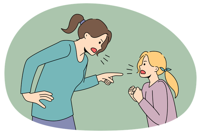 Mãe furiosa e filha travessa brigam  Ilustração