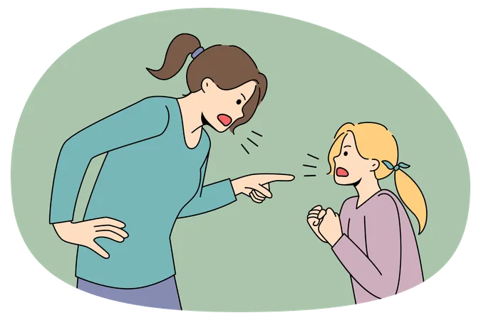 Mãe furiosa e filha travessa brigam  Ilustração