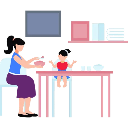 Mães alimentando frutas para crianças  Ilustração