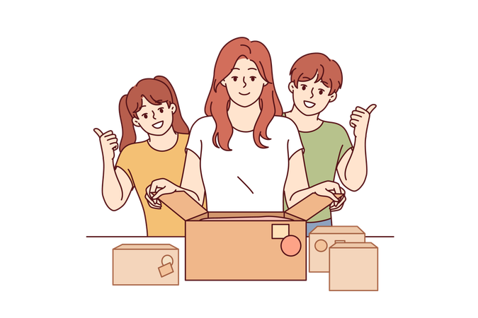 Mãe e filhos preparam caixas de doações querendo ser úteis à sociedade e ao voluntariado  Ilustração