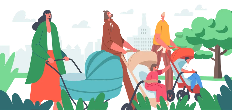 Mães andando no parque com crianças no carrinho  Ilustração