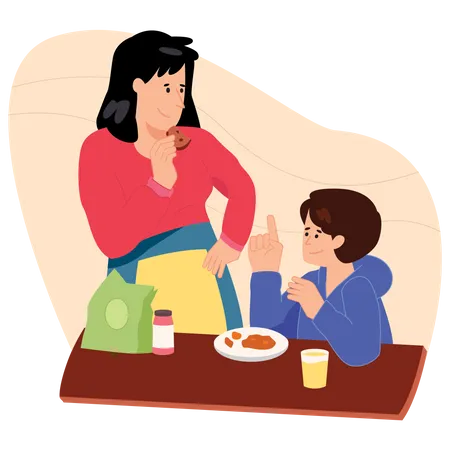 Mães tomando café da manhã com seu filho  Ilustração