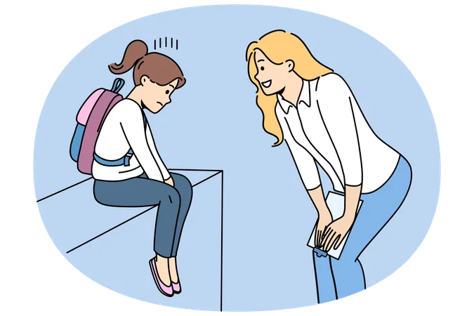 Maestra apoya y motiva a niño triste que tiene problemas de socialización  Ilustración