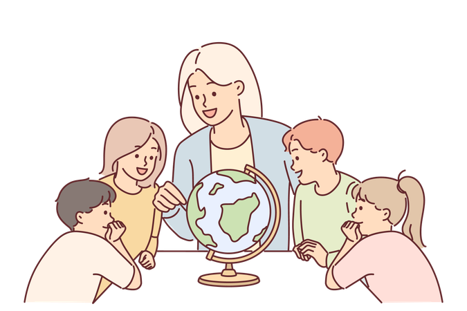 Profesor con niños cerca del mundo estudia geografía durante la lección en la escuela primaria  Ilustración