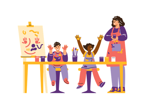 Maestra con niños en estudio de pintura sobre lienzo Ilustración