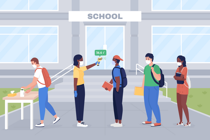Maestra de escuela midiendo la temperatura y desinfectando a cada estudiante  Ilustración