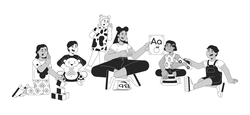 Maestra mostrando tarjetas de reconocimiento de letras a niños en edad preescolar  Ilustración
