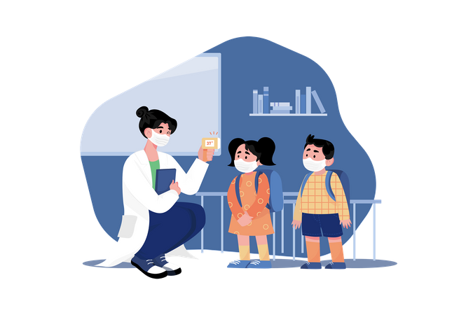 Maestro de escuela midiendo la temperatura de cada estudiante  Ilustración