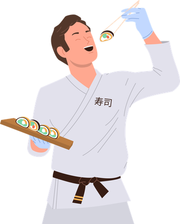 Maestro de sushi satisfecho comiendo un plato hecho por él mismo de pie  Ilustración