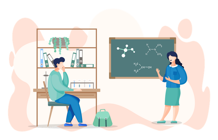 Profesor muestra a un estudiante sentado en un escritorio con enlaces químicos a bordo en el aula  Ilustración