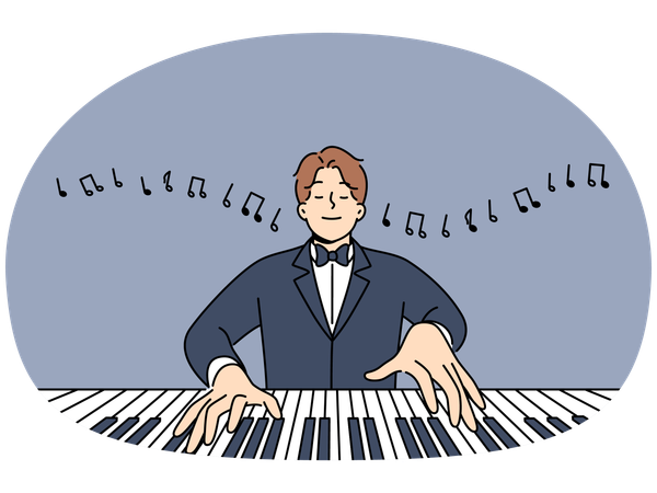 Maestro toca piano com os olhos fechados e executa composições clássicas em orquestra sinfônica  Ilustração