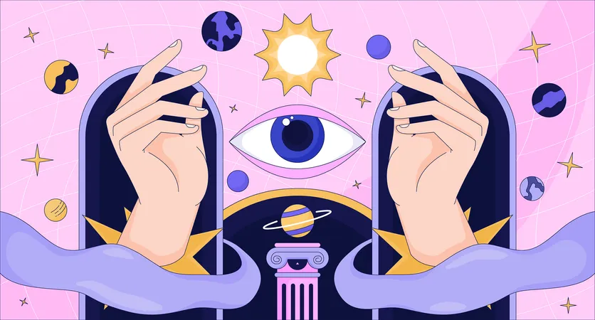 Magic Fortune Astronomy Lofi Wallpaper Esoteric Astrology 2 D Cartoon Flat Illustration All Seeing Eye Cosmic Planets Divination Dreamy Vibes Chill Vector Art Lo Fi Aesthetic Colorful Background Illustration