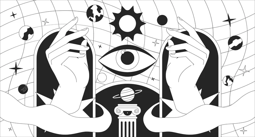 Magic Fortune Astronomy Black And White Lofi Wallpaper Esoteric Astrology 2 D Outline Cartoon Flat Illustration All Seeing Eye Cosmic Planets Dreamy Vibes Vector Line Lo Fi Aesthetic Background Illustration