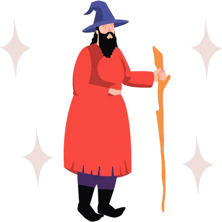 Magic man standing with wand  Illustration