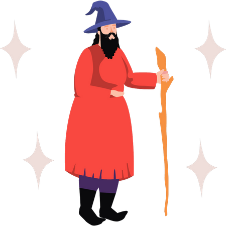 Magic man standing with wand  Illustration