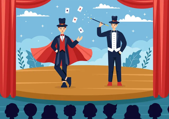 Magician Vector Illustration With Illusionist Conjuring Tricks And Waving A Magic Wand Above His Mysterious Hat On A Stage In Flat Cartoon Background Illustration