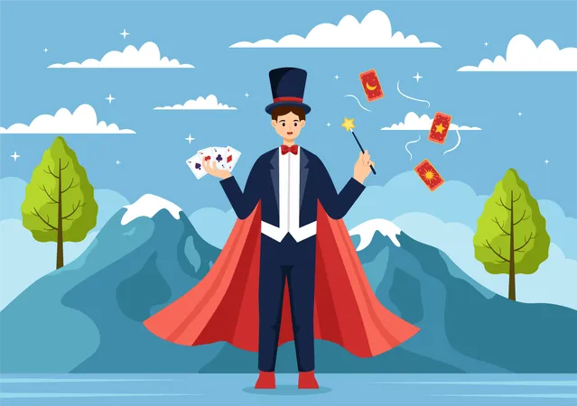 Magician Vector Illustration With Illusionist Conjuring Tricks And Waving A Magic Wand Above His Mysterious Hat On A Stage In Flat Cartoon Background Illustration