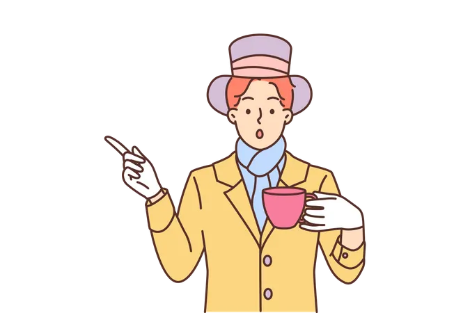 Magician holding cup and pointing something left  Illustration