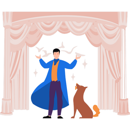 Magician performing magic tricks with pet  Illustration