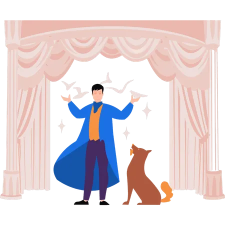 Magician performing magic tricks with pet  Illustration