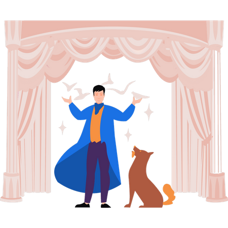 Magician performing magic tricks with pet  Illustration