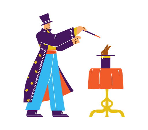 Magician performing magic tricks with rabbit in hat  Illustration
