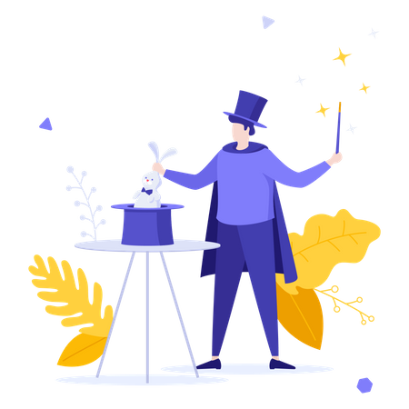 Magicien démontrant le tour de magie du lapin  Illustration