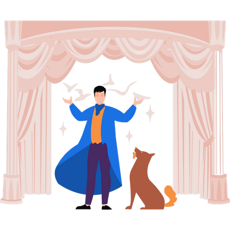 Magicien effectuant des tours de magie avec un animal de compagnie  Illustration