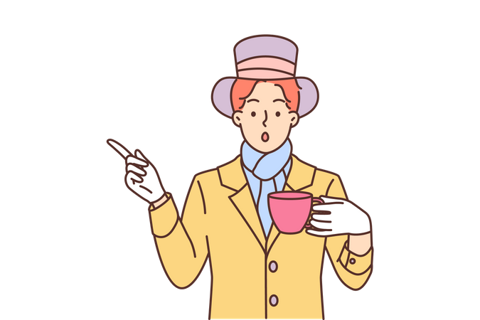 Magicien tenant une tasse et pointant quelque chose vers la gauche  Illustration